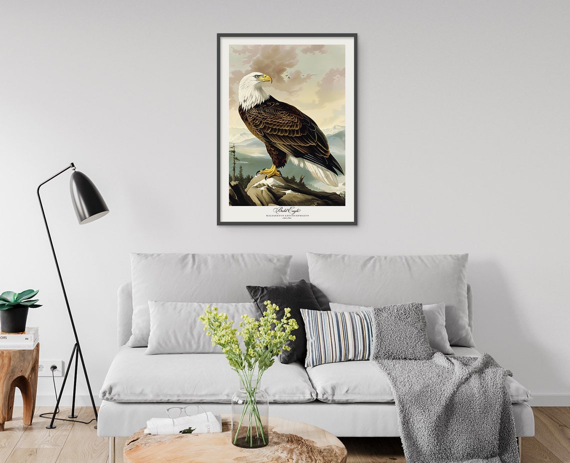 Bald Eagle Audubon Style Vintage Mountain Lake Perched Raptor Poster - Image 3