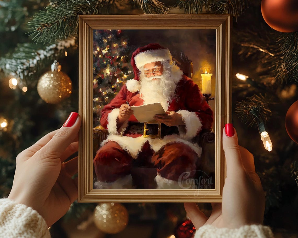 Santa Claus Reading Notes Beside the Christmas Tree Vintage Poster - Image 3