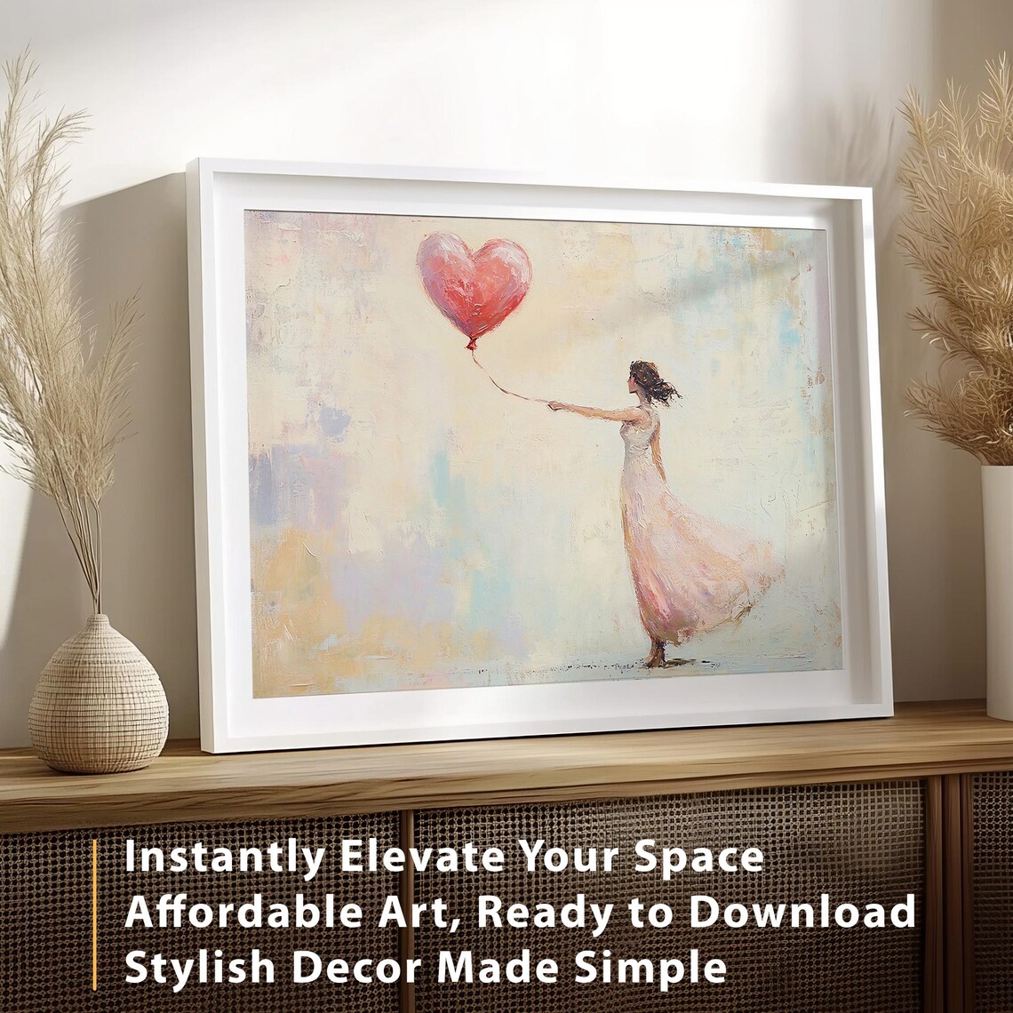 Woman Releasing Red Heart Balloon Impressionist Romantic Wall Poster - Image 2