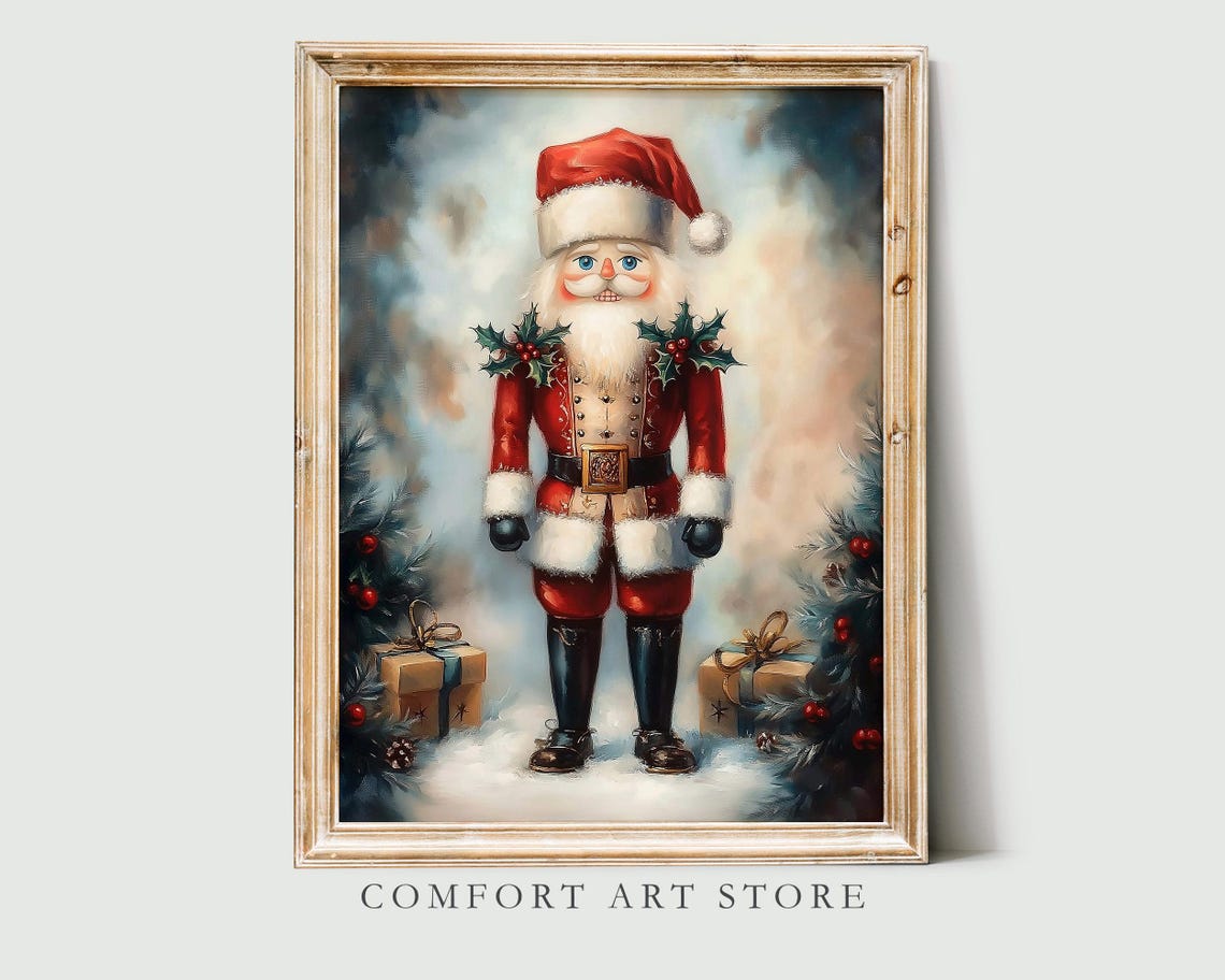 Nutcracker Soldier Wearing Santa Hat with Holly Sprigs Wall Art