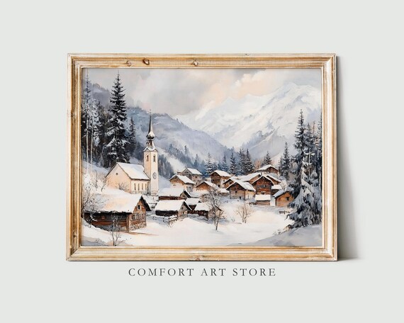 Snowy Alpine Village with Church and Mountains Winter Poster