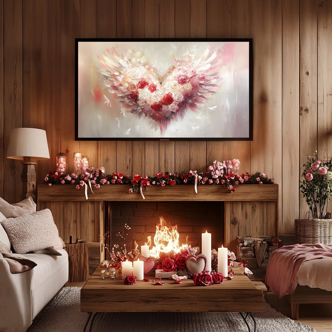 Valentines Rose Heart With Wings Painting Rustic Frame TV Wall Art