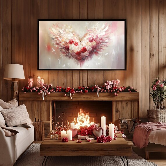 Valentines Day Frame Tv Art Frame Tv Red Pink Heart Of Roses Tv Vintage Valentines Heart Wings Painting Moody Romantic Home Dcor