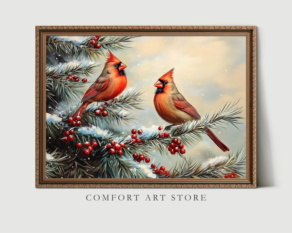 Pair of Red Cardinals on Snowy Pine Branch Winter Bird Wall Art - Image 5