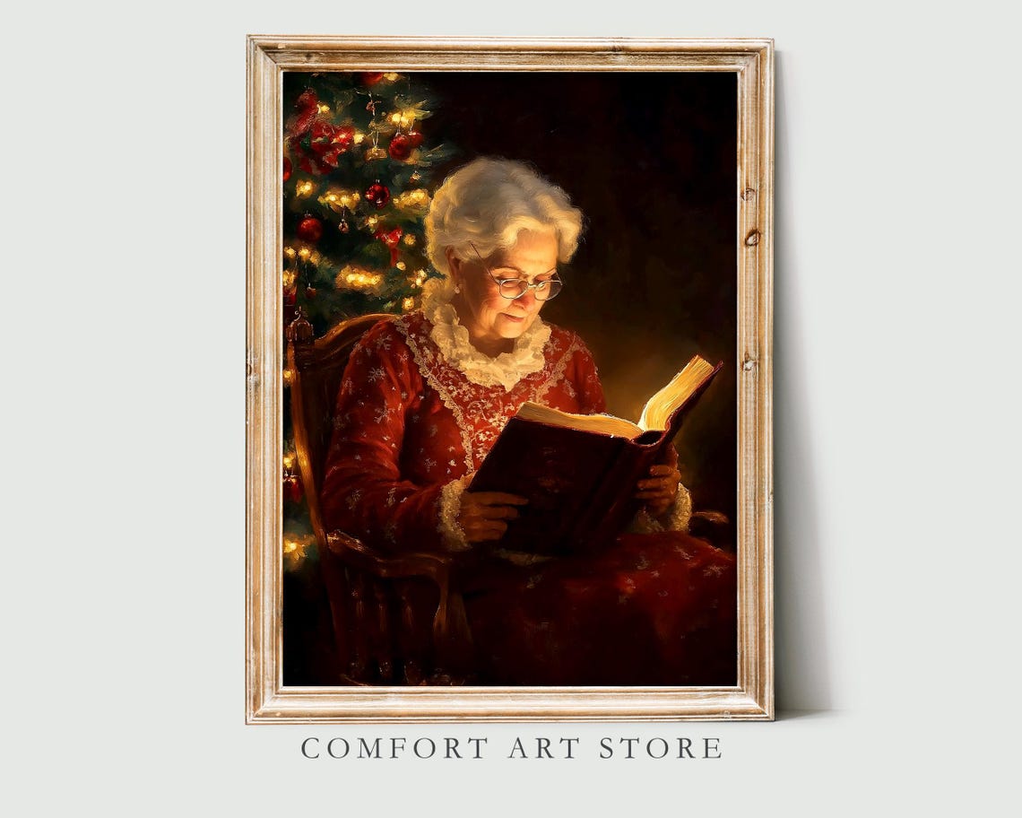 Mrs Claus Reading a Glowing Book Beside the Christmas Tree Poster