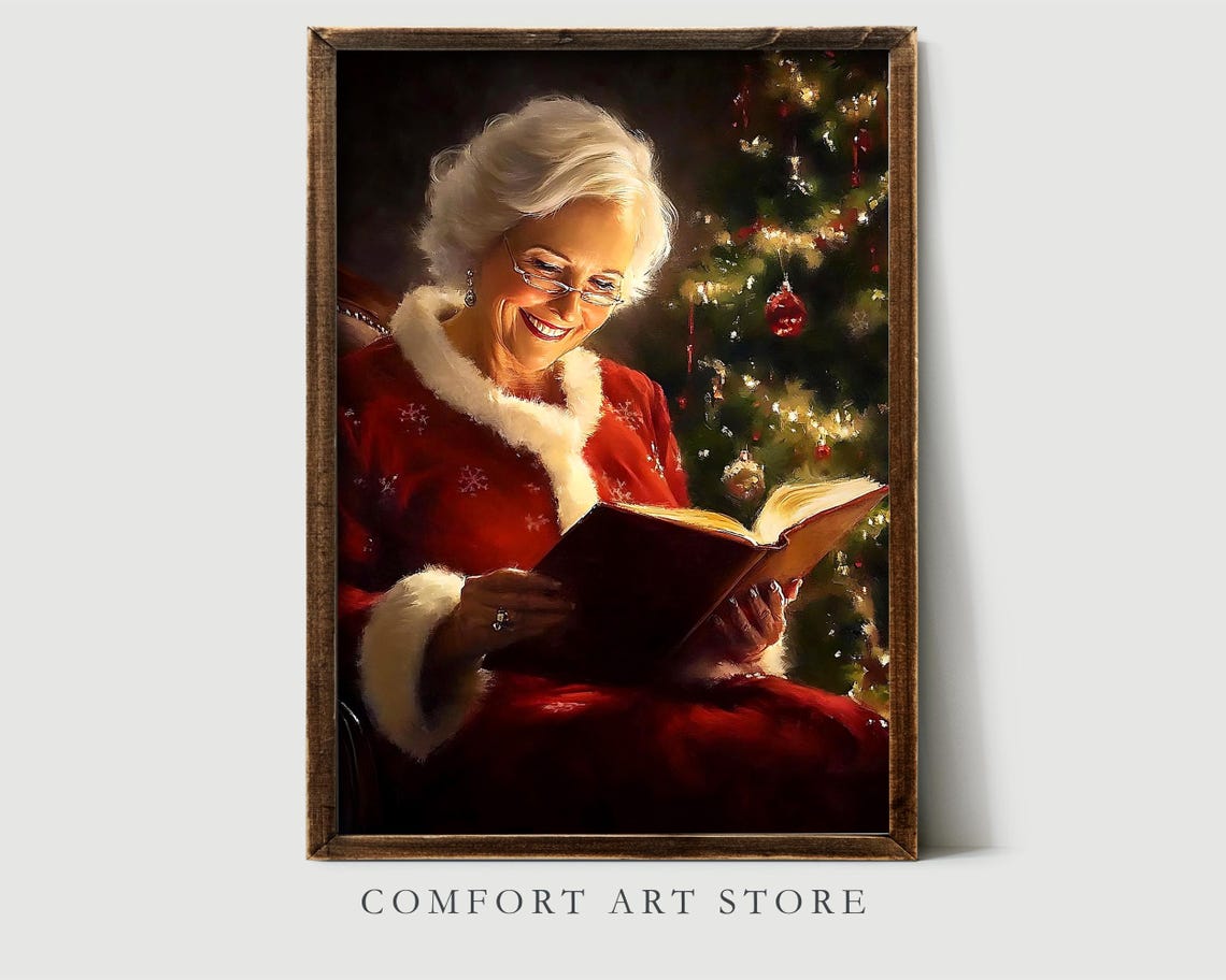 Mrs Claus Smiling Over Her Book by the Christmas Tree Wall Art - Image 2