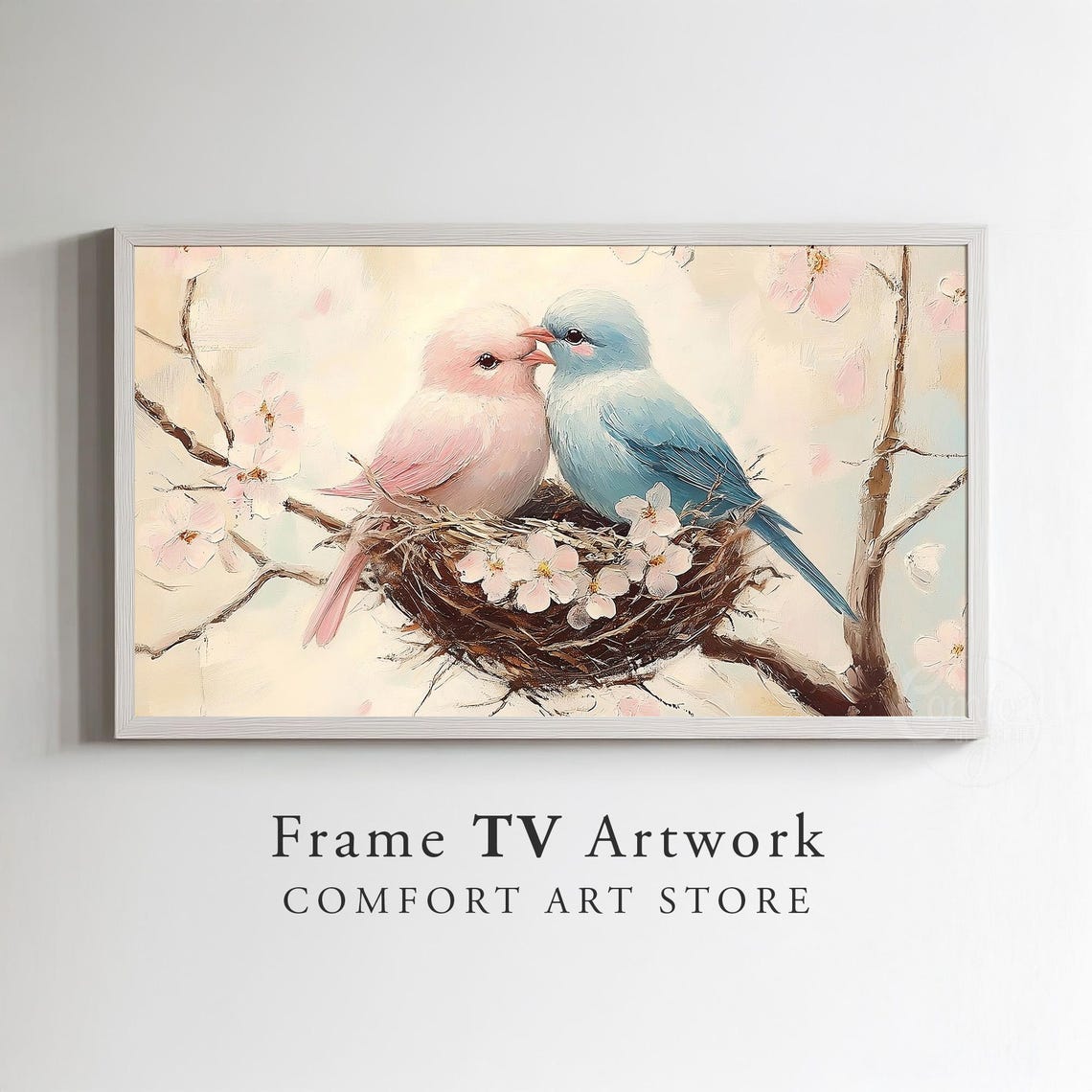 Pink Blue Lovebirds Nest Cherry Blossoms Romantic Birds Art Poster - Image 3