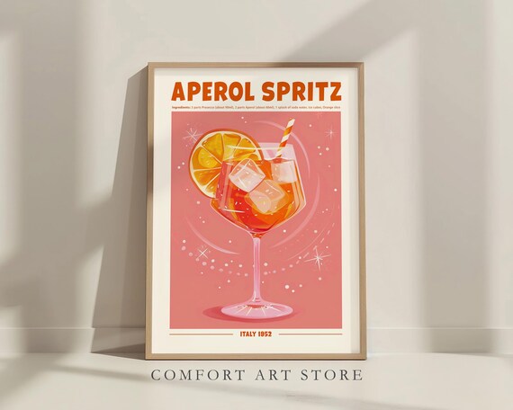 Aperol Spritz Cocktail Retro Poster, Home Bar Decor