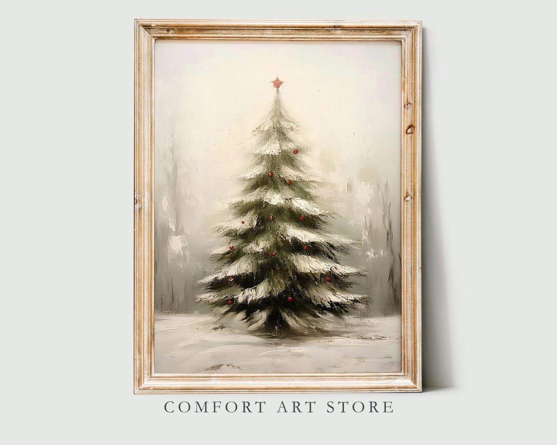 Snow Covered Christmas Tree with Red Berries in Winter Mist Poster