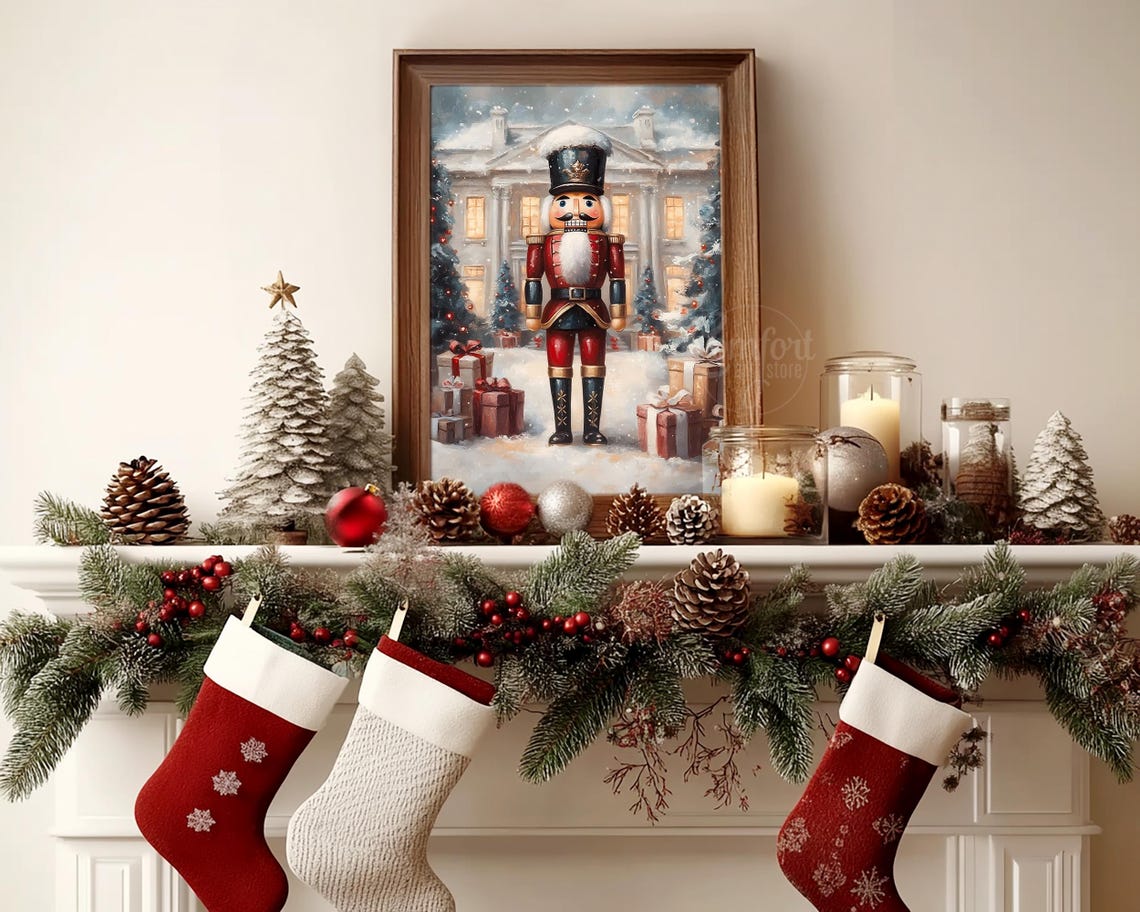 Classic Red Nutcracker Soldier in Snowy Mansion Holiday Scene Poster - Image 4