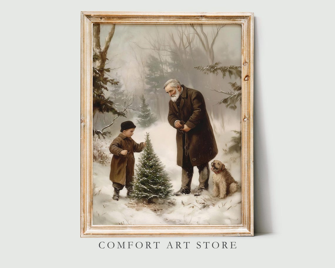 Vintage Grandfather and Boy Choosing Christmas Tree in Snow Poster
