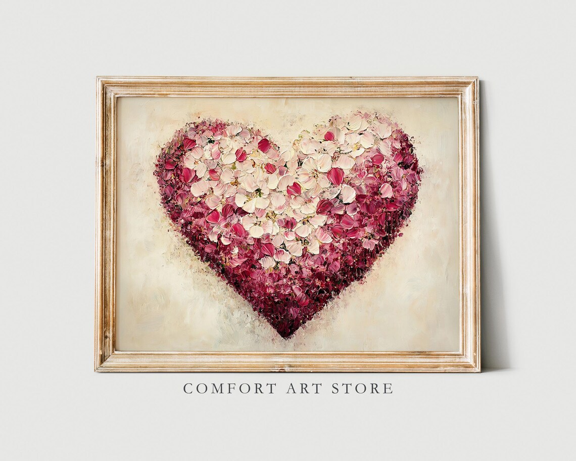 Blush Rose Petal Heart Oil Painting Romantic Valentines Decor Poster
