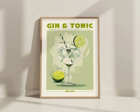 Gin And Tonic Cocktail Print Classic Alcohol Cocktail Retro Cocktail Exhibition Poster Home Bar Cart Decor Gin Tonic Cocktail