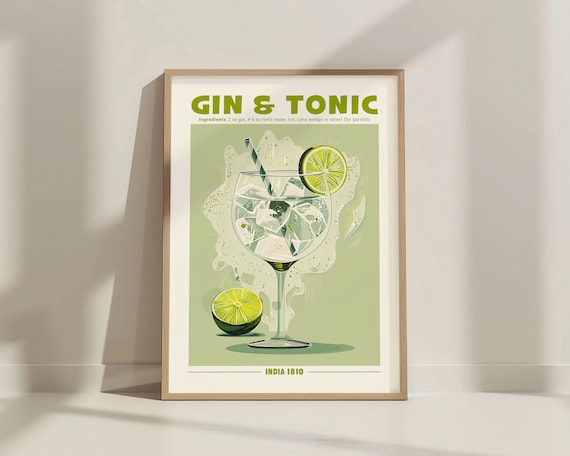 Gin and Tonic Cocktail Recipe Retro Kitchen Bar Decor Wall Art