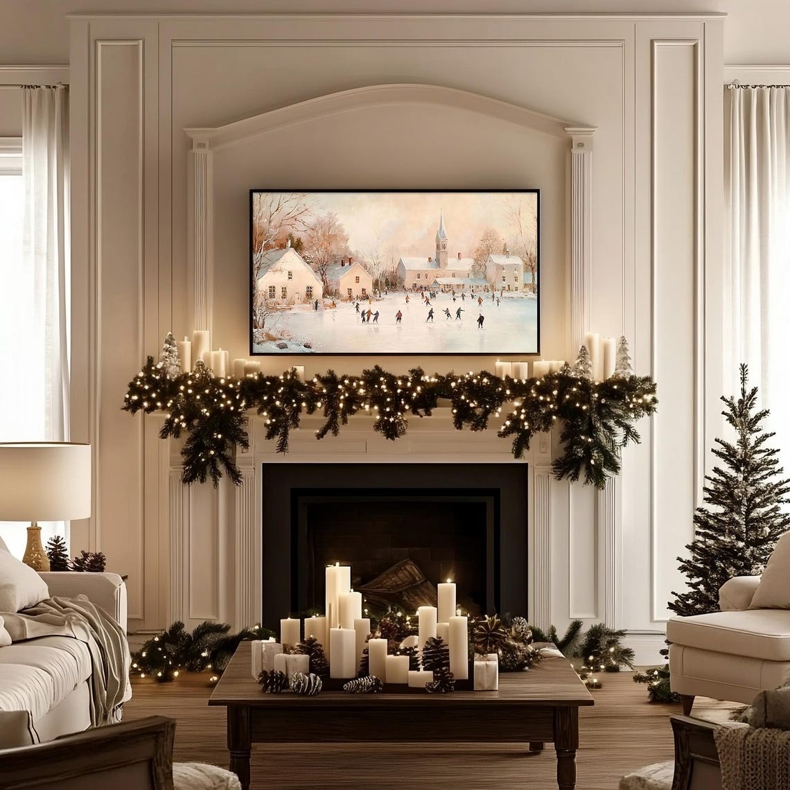 Ice Skating Frame Tv Art Vintage Christmas Antique Christmas Winter Landscape Frozen Lake Ice Skating Painting Holiday Frame Tv Art - Image 2
