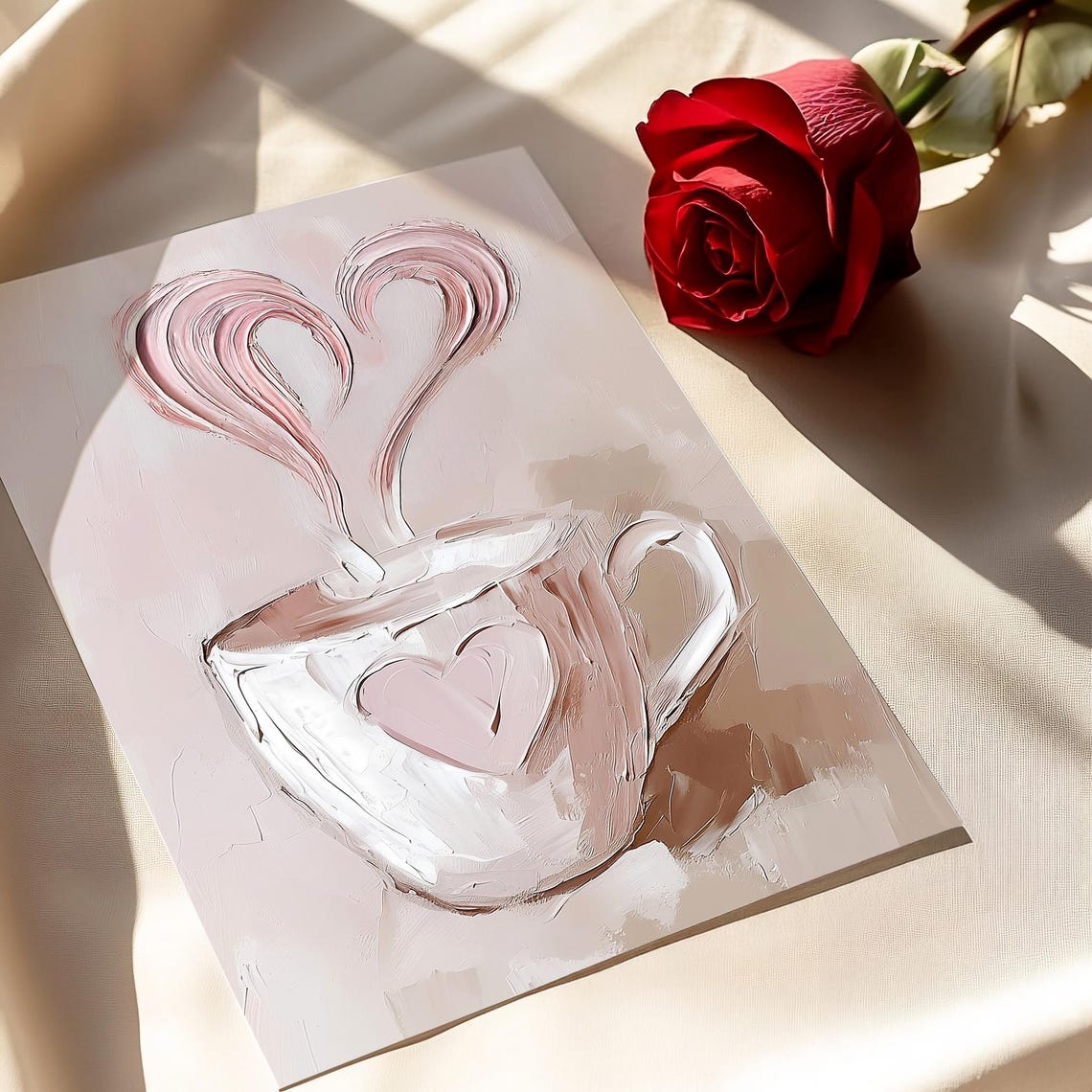 Valentines Coffee Cup Heart Steam Painting Neutral Romantic Wall Art - Image 2