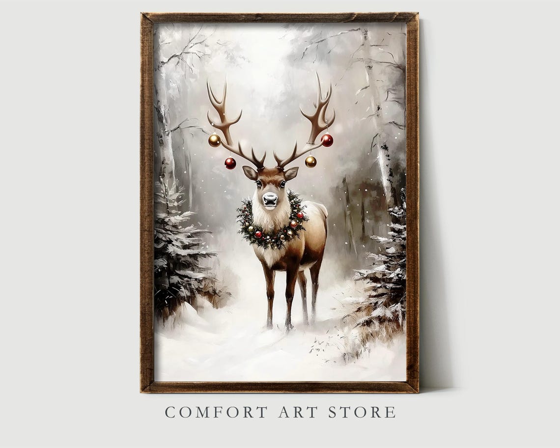 Majestic Deer with Christmas Ornaments on Antlers Snow Poster - Image 2