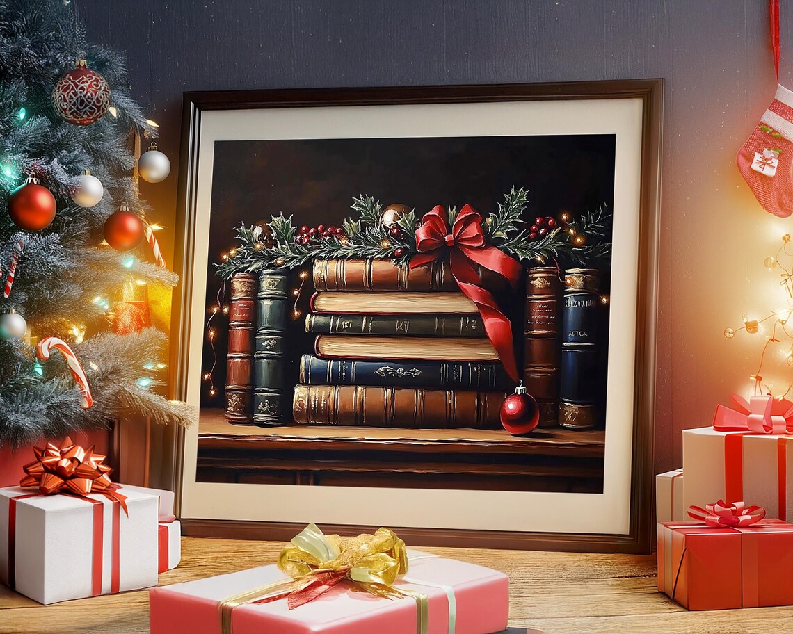 Antique Bookshelf with Christmas Holly Garland Red Bow Poster - Image 4