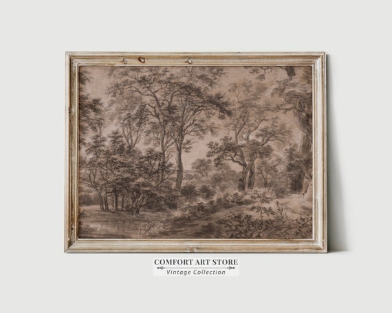 Vintage Wall Art Forest Landscape Sketch Minimalist Painting Muted Drawing Neutral Pastel Tone Print Antique Scenery Poster Decor