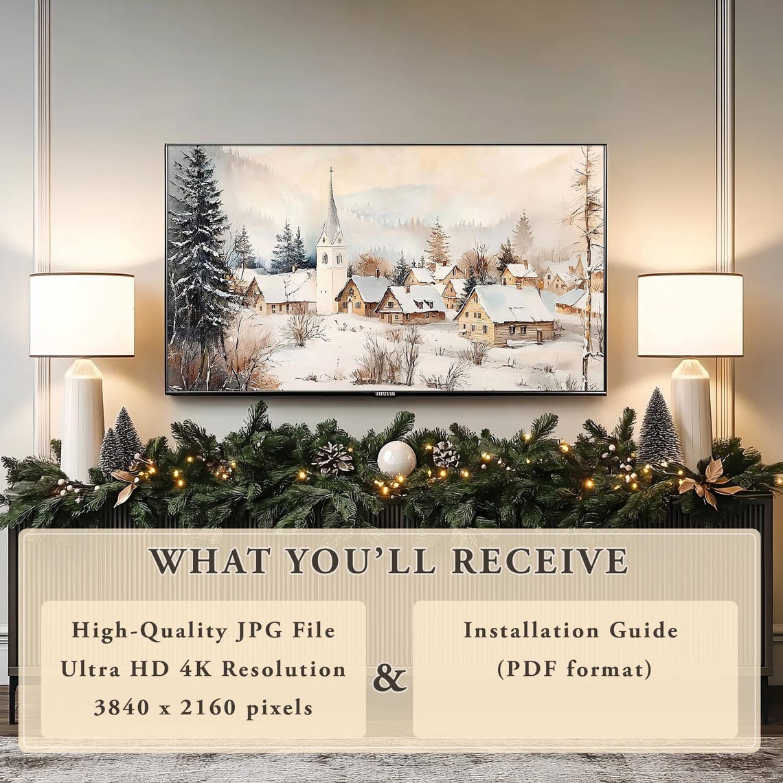 Frame Tv Art Snowy Alpine Village Vintage Christmas Antique Winter Scene Winter Landscape Painting Holiday Christmas Frame Tv Art - Image 5