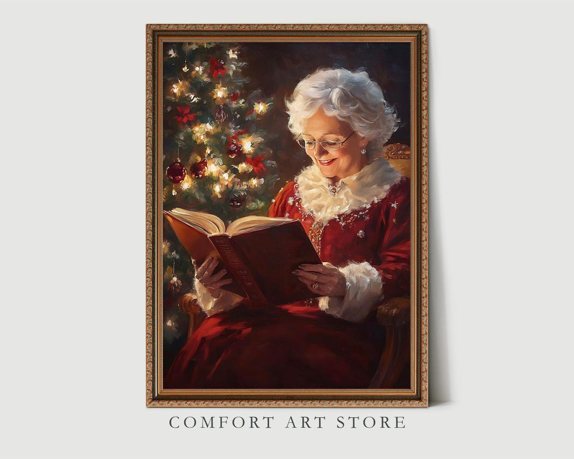 Mrs Claus Reading a Book by a Warmly Lit Christmas Tree Wall Art - Image 7