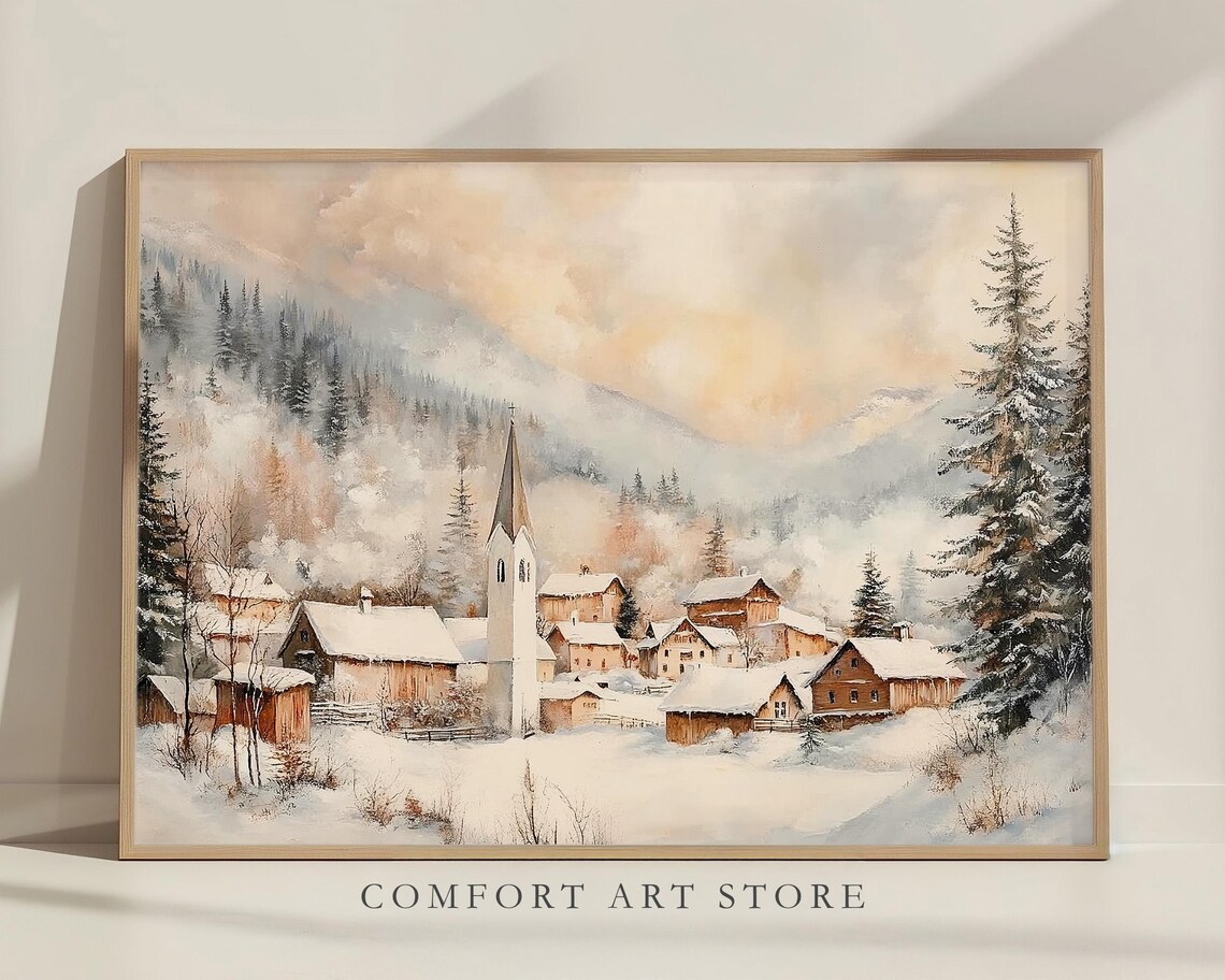 Snowy Alpine Village with Church Misty Mountain Winter Poster - Image 8