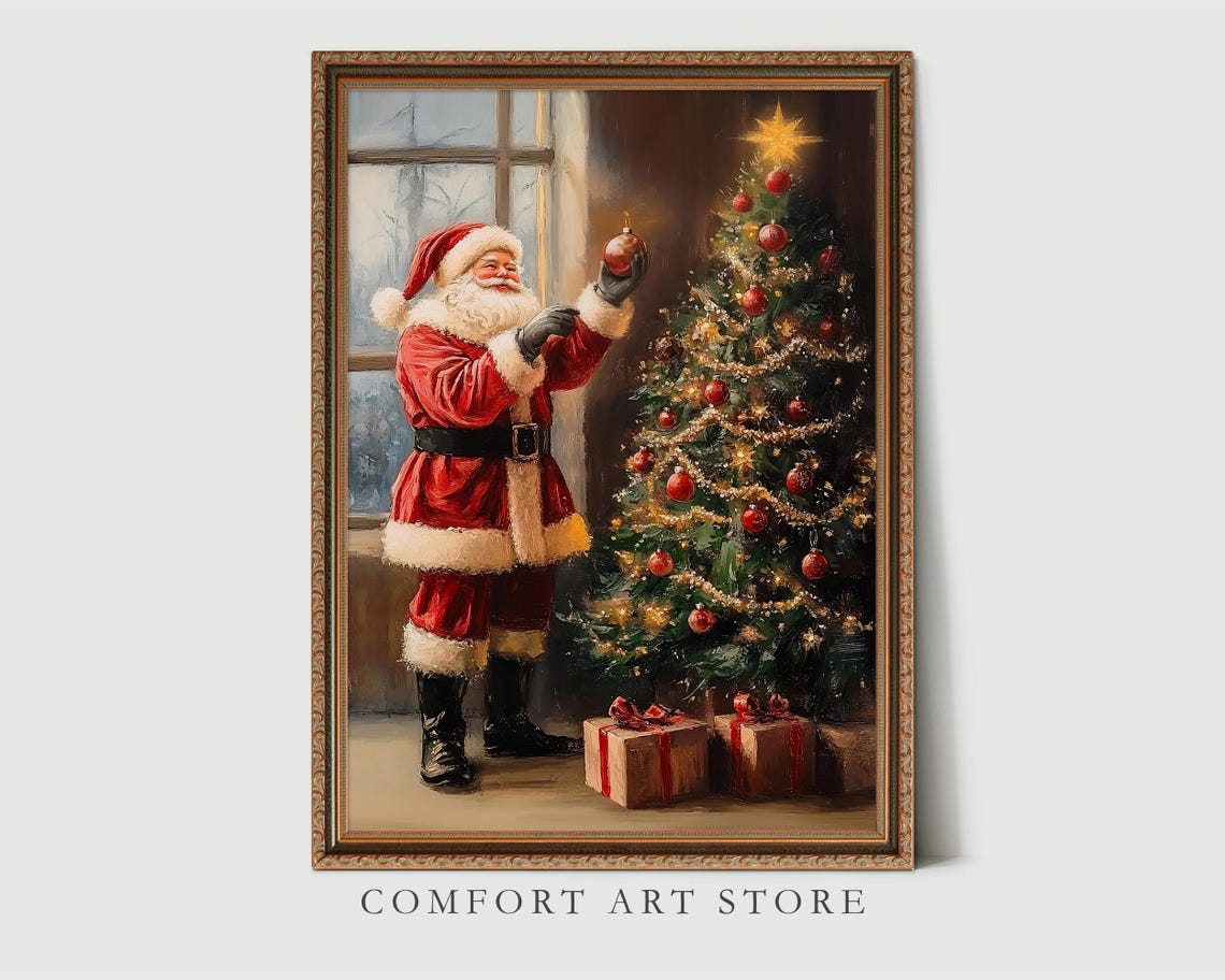 Santa Claus Decorating Christmas Tree by Snowy Window Scene Poster - Image 2