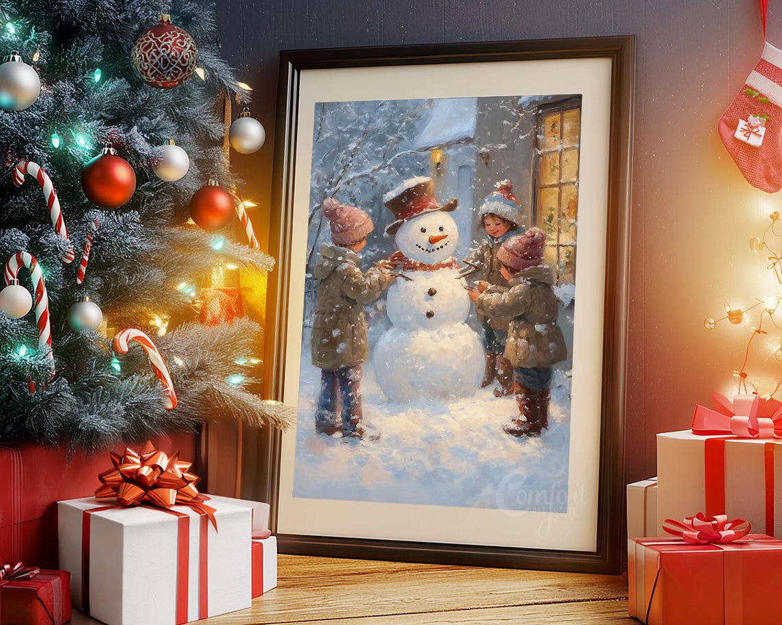 Vintage Christmas Wall Art Snowman Print Children Making Snowman Winter Holiday Decor Christmas Winter Oil Painting Antique Snowman Print - Image 5