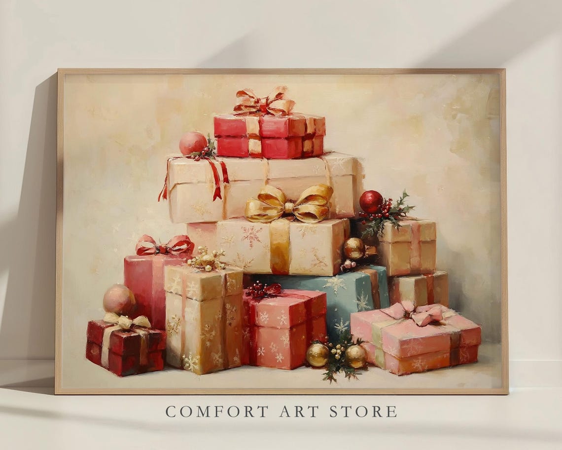 Elegant Pink and Gold Christmas Gift Stack with Bows Art Poster - Image 7