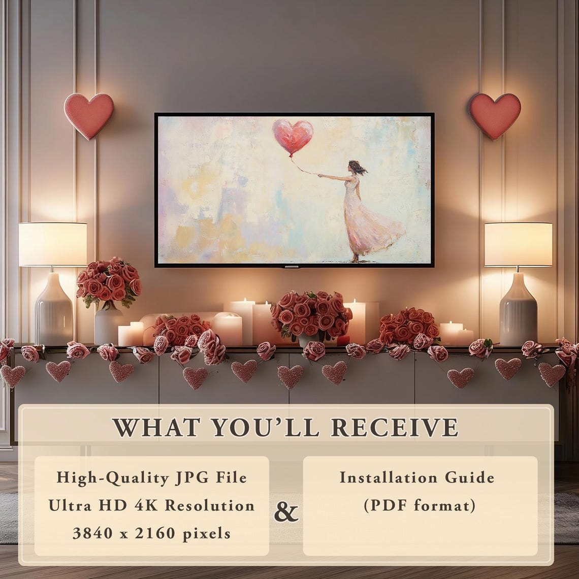 Woman Reaching Red Heart Balloon Frame TV Artwork Romantic Poster - Image 4