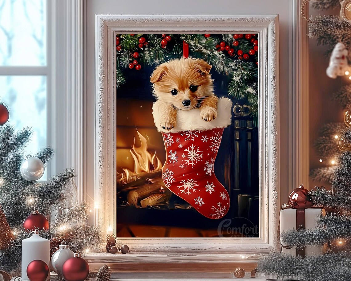 Adorable Puppy Peeking from Christmas Stocking by Fireplace Poster - Image 4