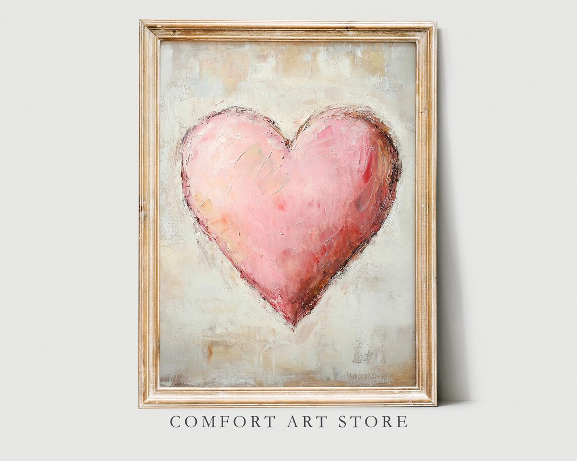 Pink Heart Oil Painting Rustic Vintage Valentines Day Decor Poster