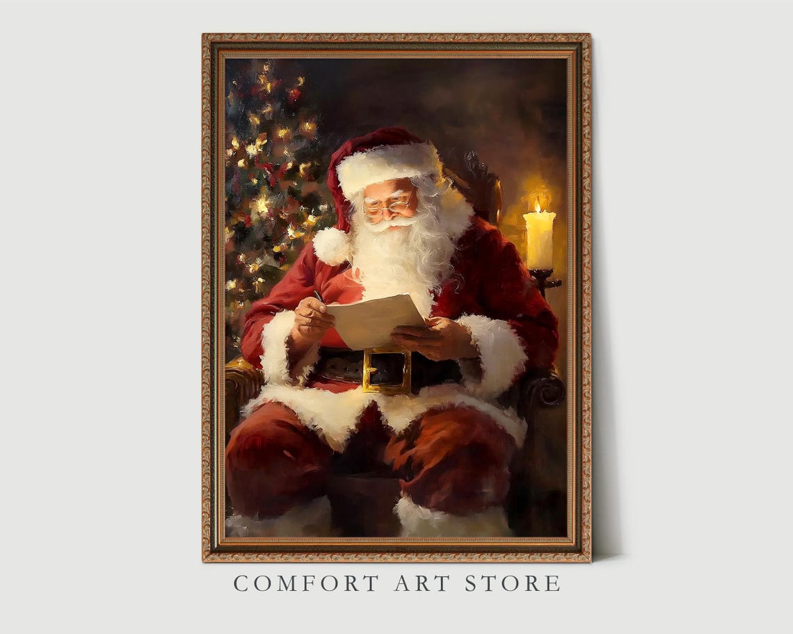 Santa Claus Reading Notes Beside the Christmas Tree Vintage Poster - Image 8