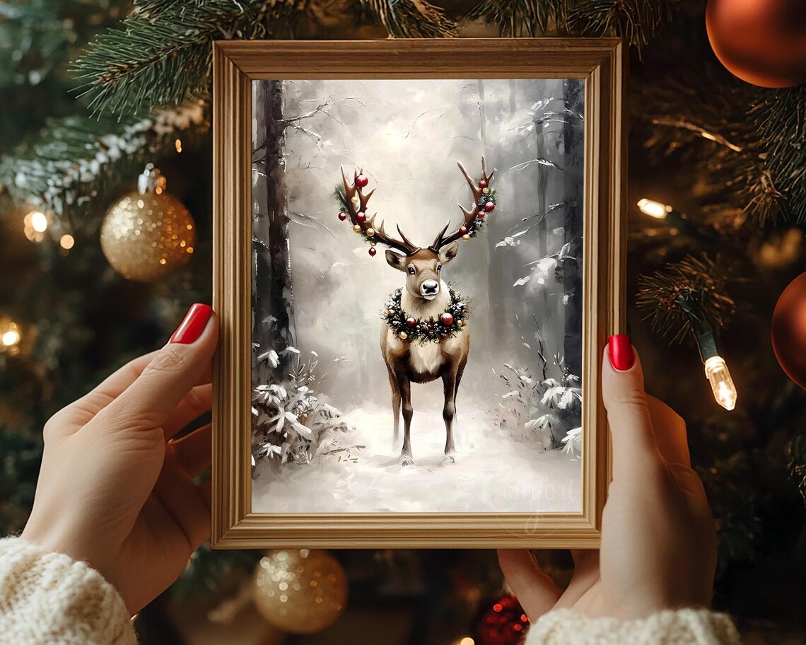Beautiful Festive Deer with Ornaments on Antlers Misty Snow Poster - Image 6