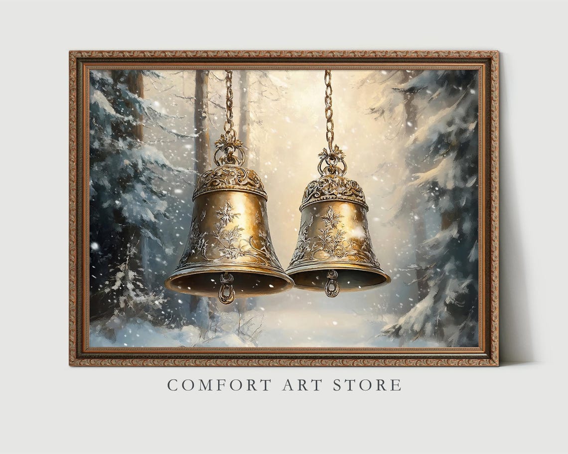 Ornate Brass Jingle Bells Hanging in a Snowy Winter Forest Poster - Image 8