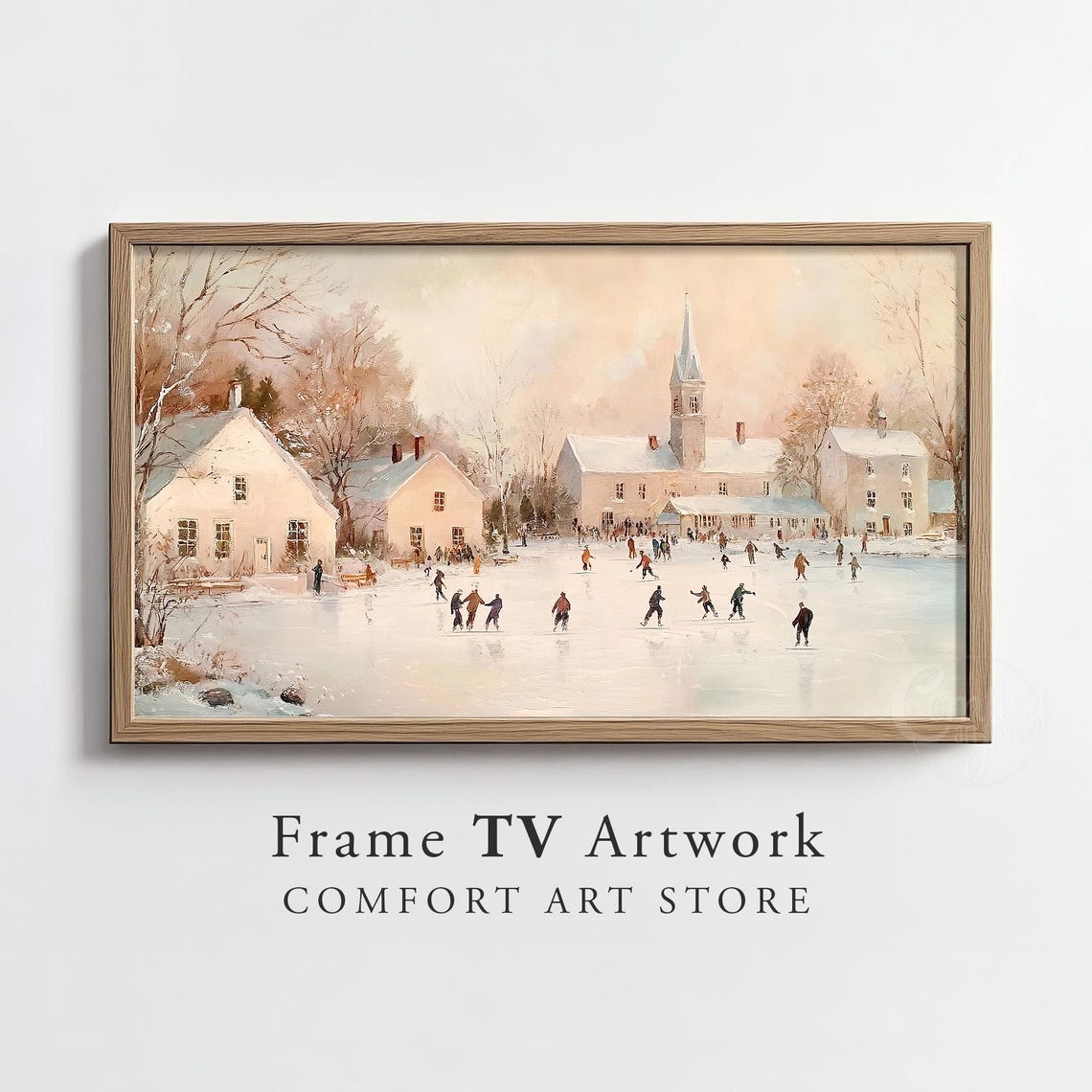 Victorian Winter Village Frozen Pond Ice Skating Scene Poster