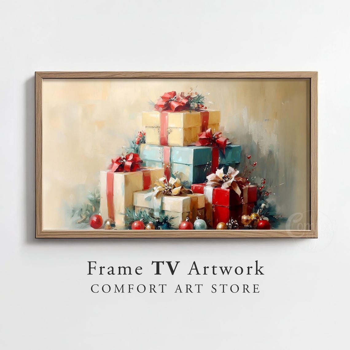 Gift Box Frame Tv Art Vintage Christmas Antique Christmas Ornament Christmas Painting Christmas Frame Tv Holiday Scene Winter Gifts