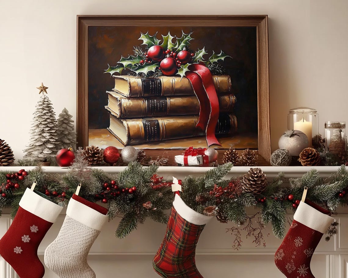 Elegant Stack of Vintage Books with Holly and Red Ornaments Poster - Image 2