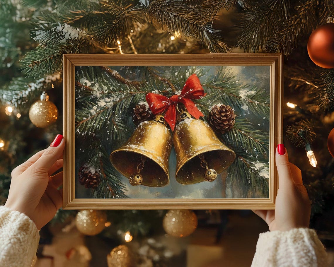 Vintage Christmas Jingle Bells Print Christmas Wall Art Winter Holiday Decor Antique Christmas Golden Bells Oil Painting Winter Pine Print - Image 4