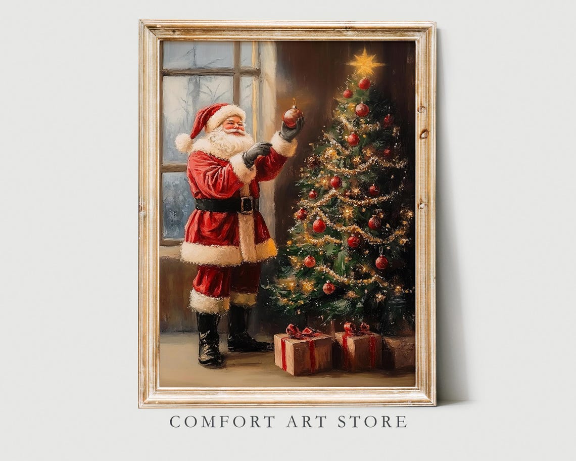 Santa Claus Decorating Christmas Tree by Snowy Window Scene Poster