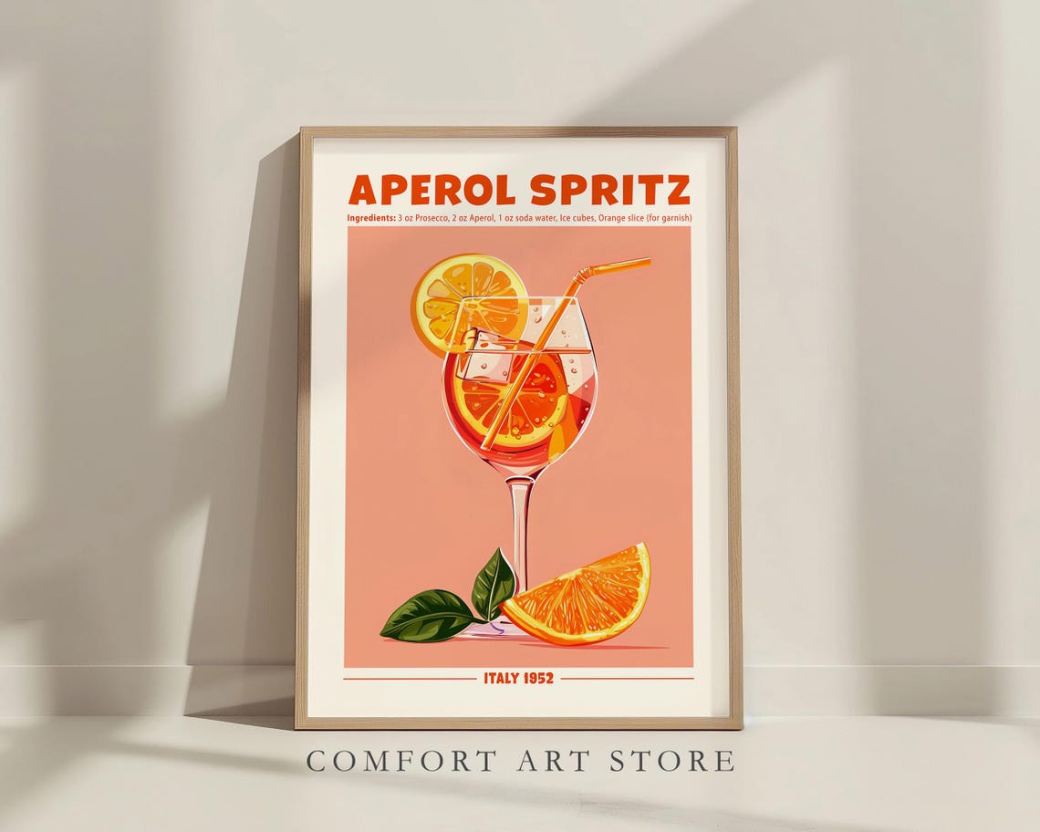Aperol Spritz Retro Cocktail Recipe Poster Vintage Italian Bar Poster