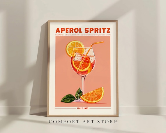 Aperol Spritz Retro Cocktail Recipe Poster Vintage Italian Bar Poster