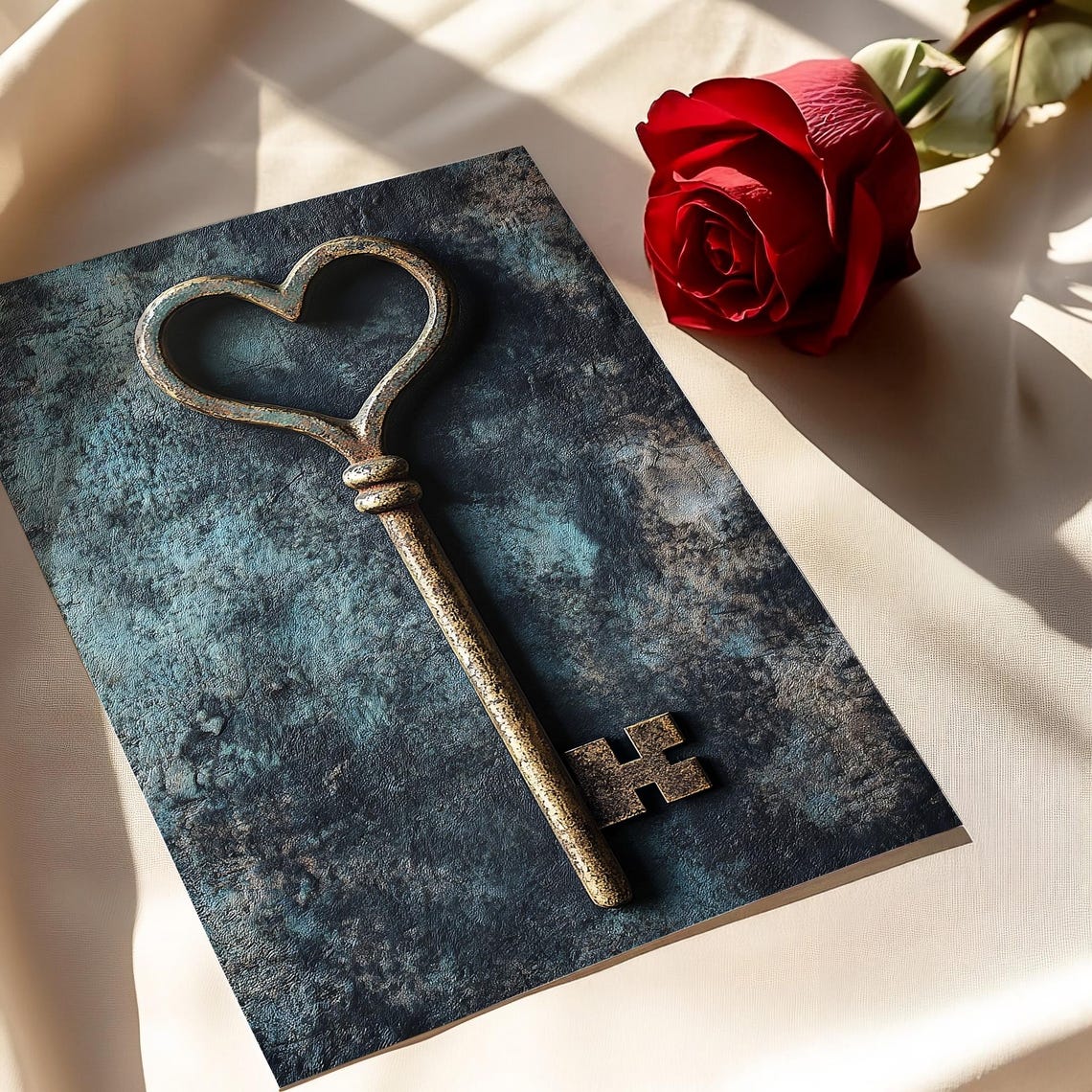 Brass Heart Key Skeleton Key Moody Dark Teal Romance Wall Art - Image 5