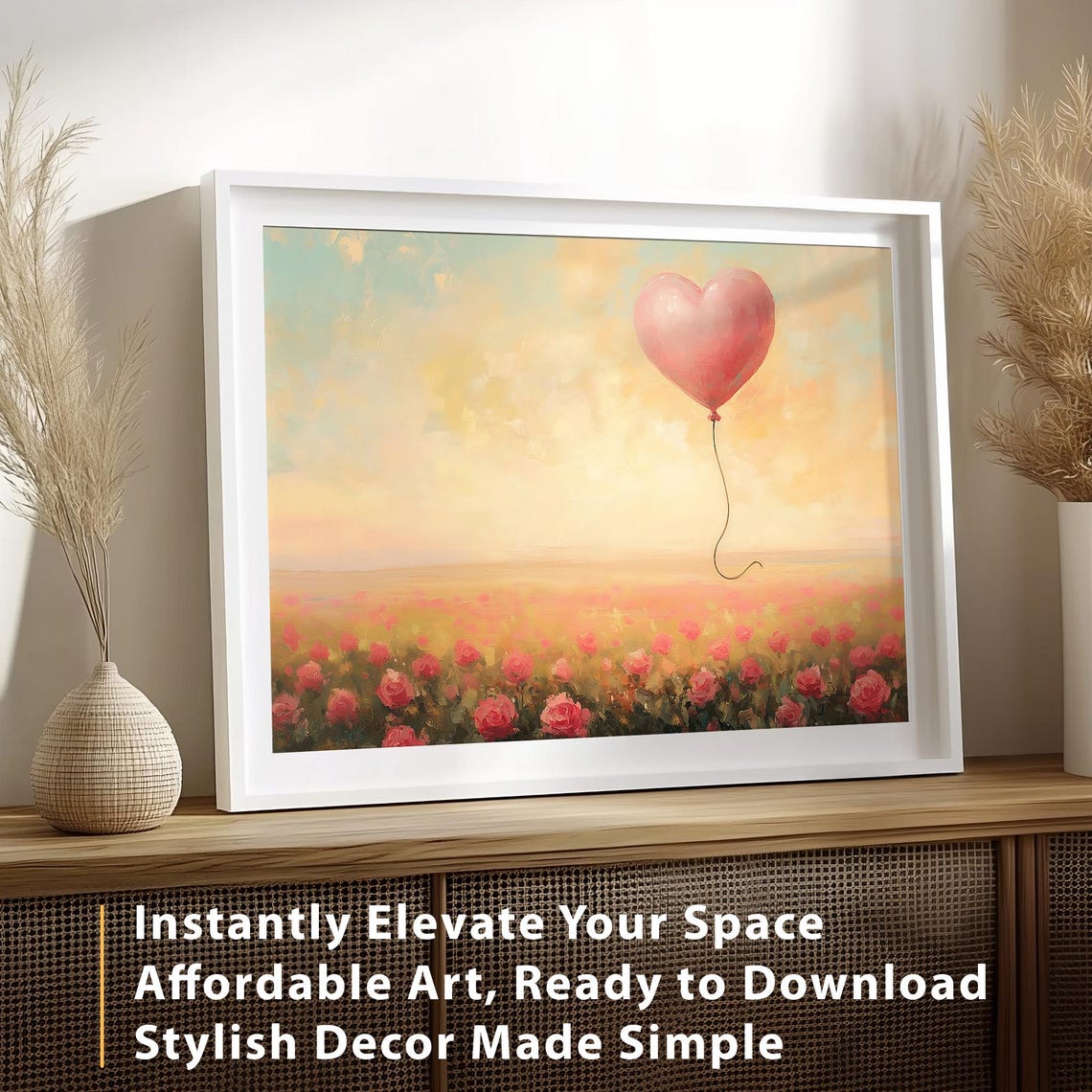 Pink Heart Balloon Rose Field Sunset Romantic Painting Art Poster - Image 4