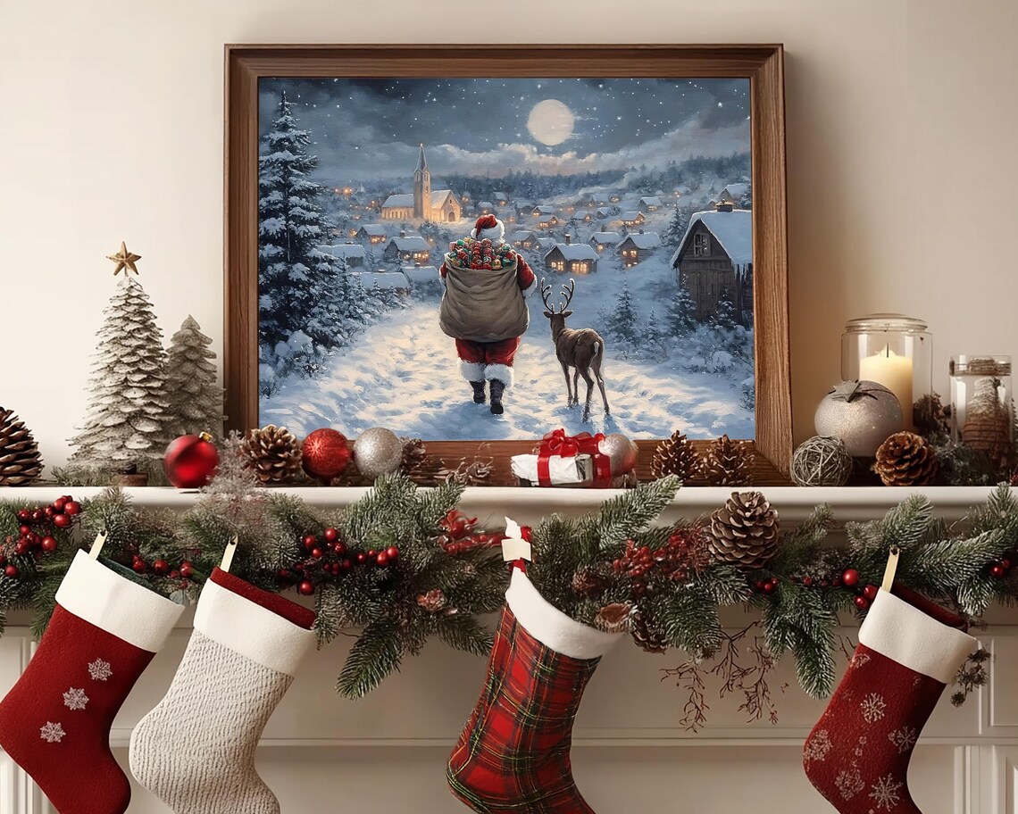 Santa Claus Moonlit Village Walk with Reindeer Christmas Poster - Image 5