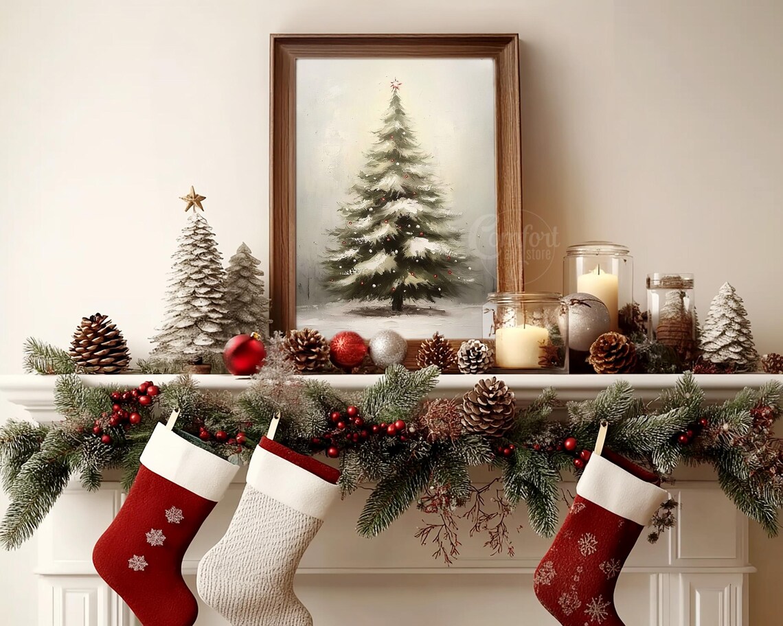 Vintage Snowy Christmas Tree With Red Berries And Gold Star Wall Art - Image 4
