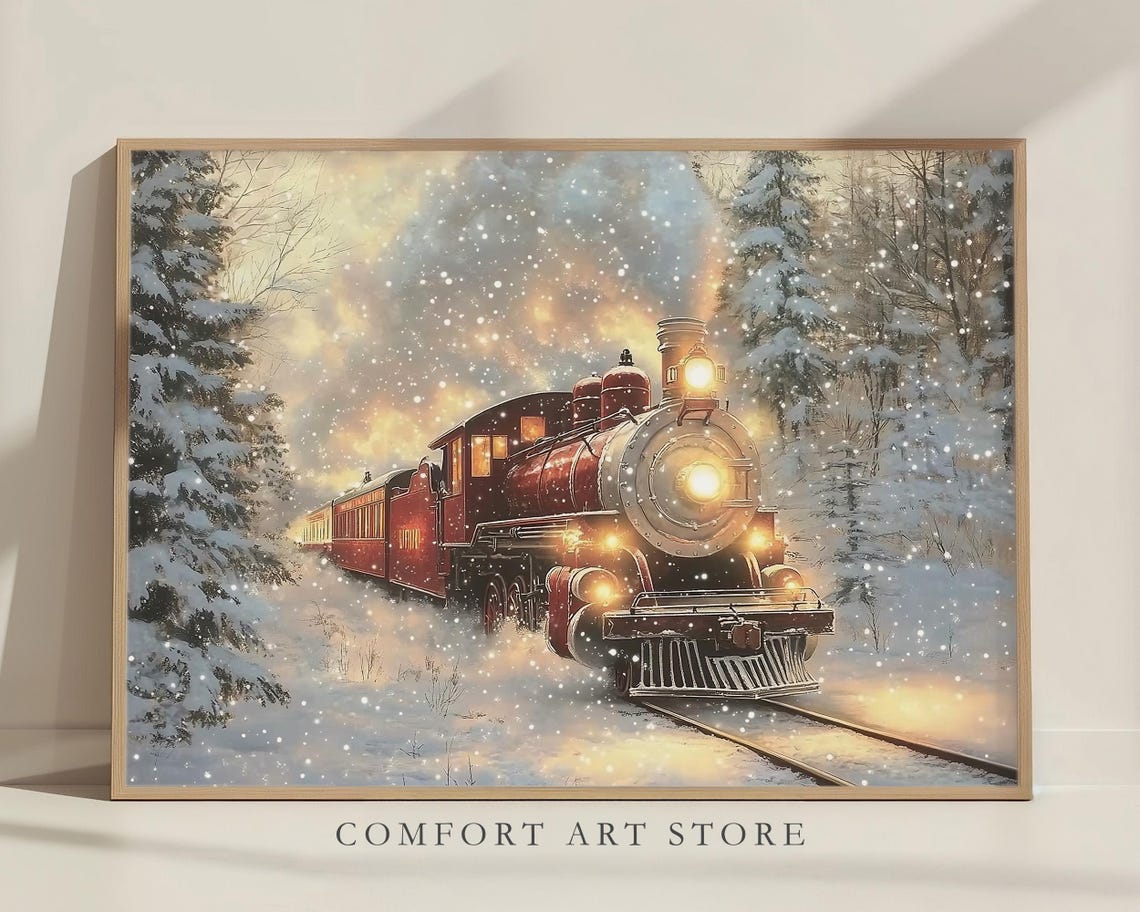 Red Steam Locomotive in Snowy Winter Forest at Dusk Wall Art - Image 7