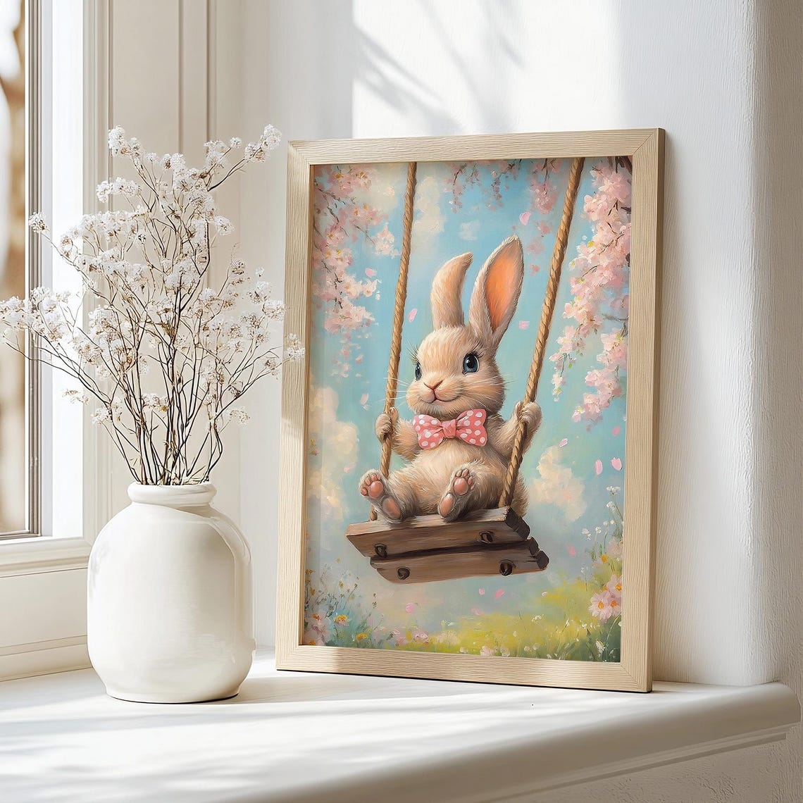 Easter Bunny Print Cute Easter Rabbit Neutral Spring Cherry Blossom Easter Bunny Nursery Wall Art Vintage Easter Decor Bunny Swing - Image 3
