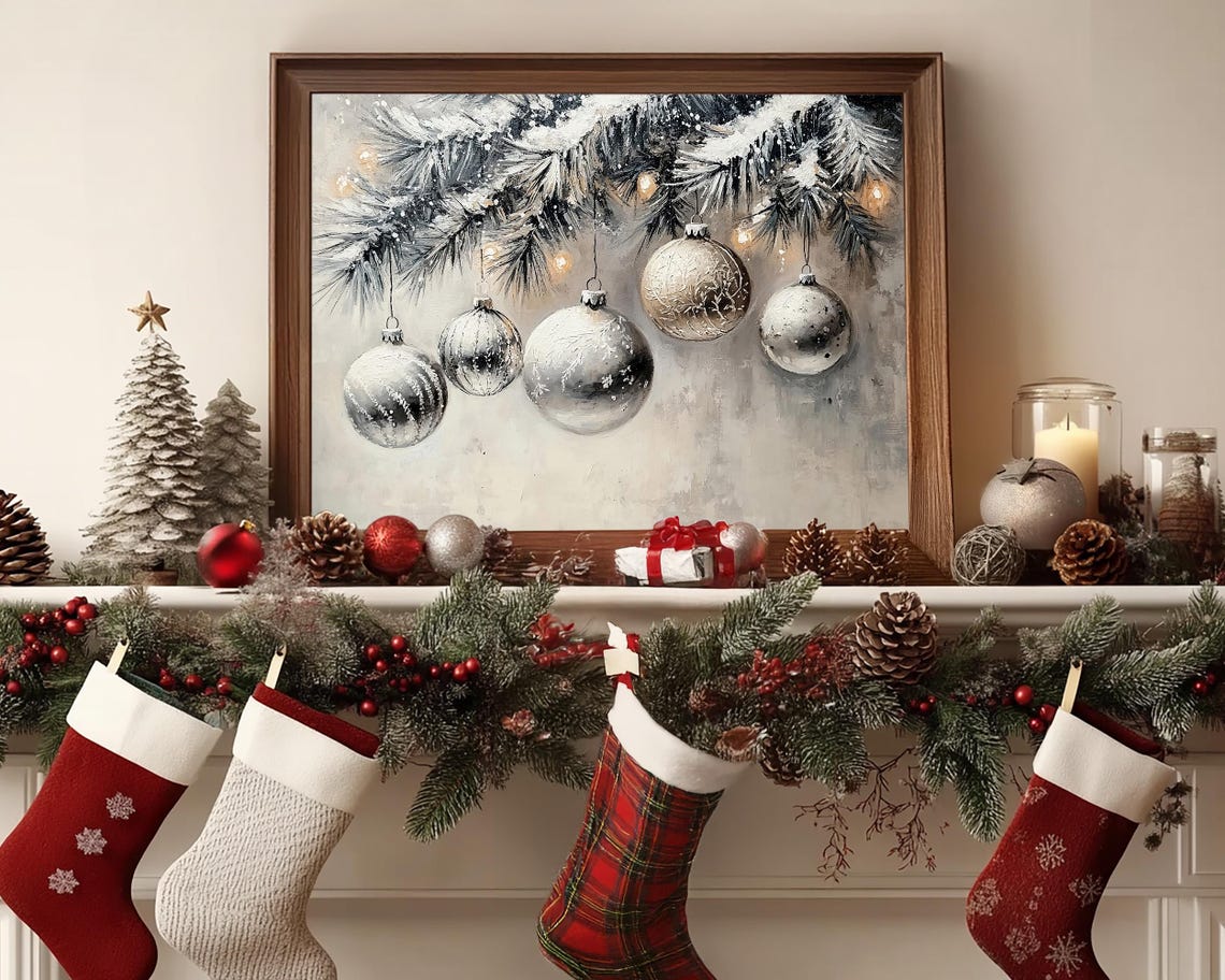 Shimmering Silver Mercury Glass Ornaments Snowy Pine Branch Poster - Image 6