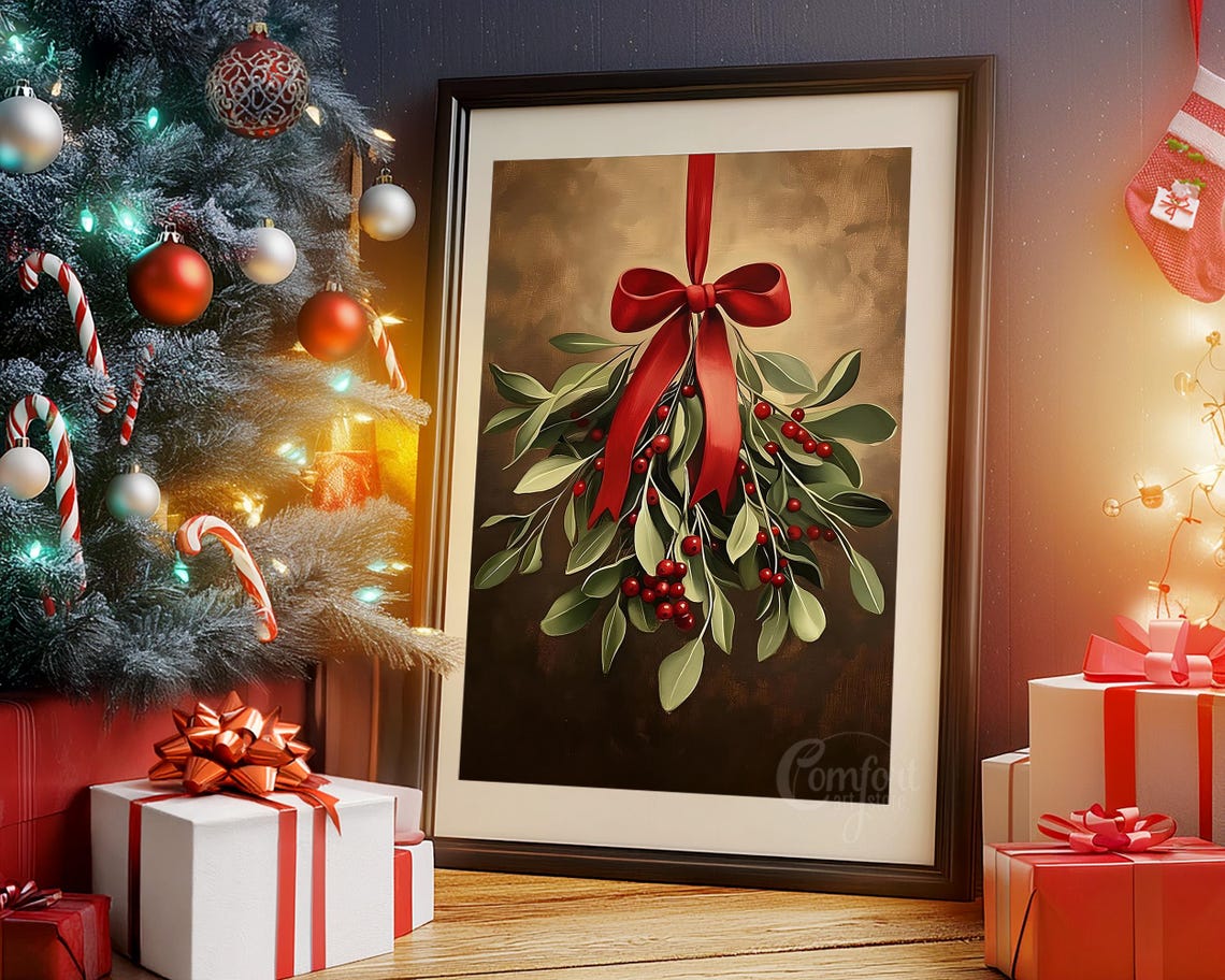 Christmas Hanging Holiday Greenery with Red Berries and Bow Print - Image 3